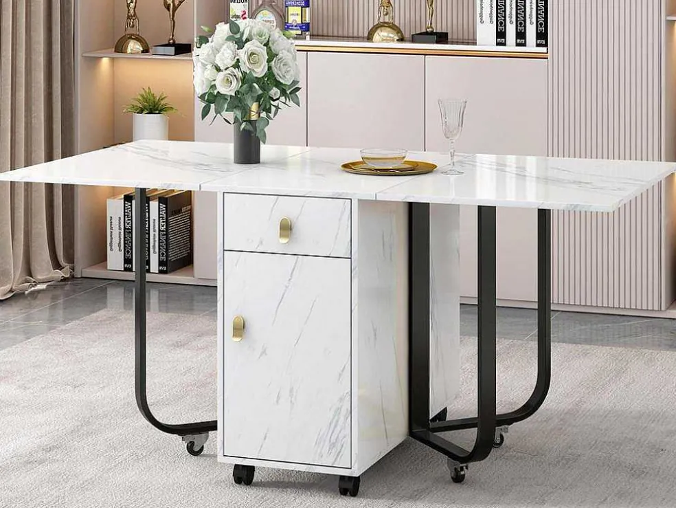 Opklapbare Eettafel Op Wielen - Met Opbergruimte - Wit & Zwart