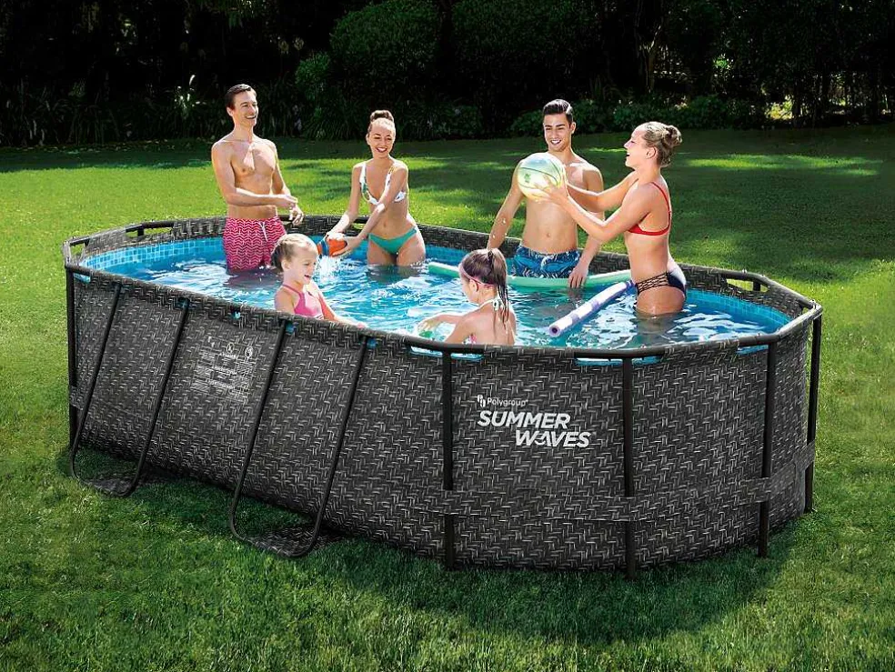 Ovaal Donkergrijs Buizenzwembad Met Visgraatmotief En Filterpomp Met Patroon - L424 X D250 X H100 Cm - Salamanque