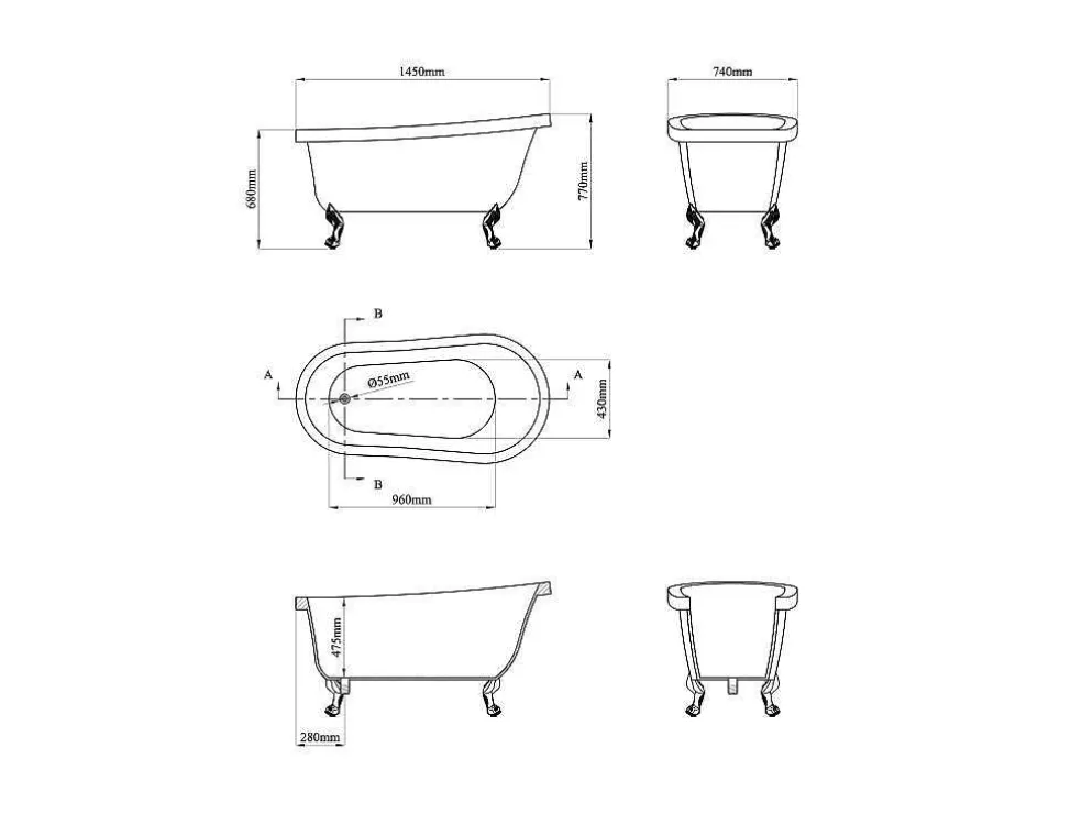 Ovaal Eilandbad - Retro Stijl - 171 L - 145 X 74 X 77 Cm - Witte Leeuwenpoten - Nisos