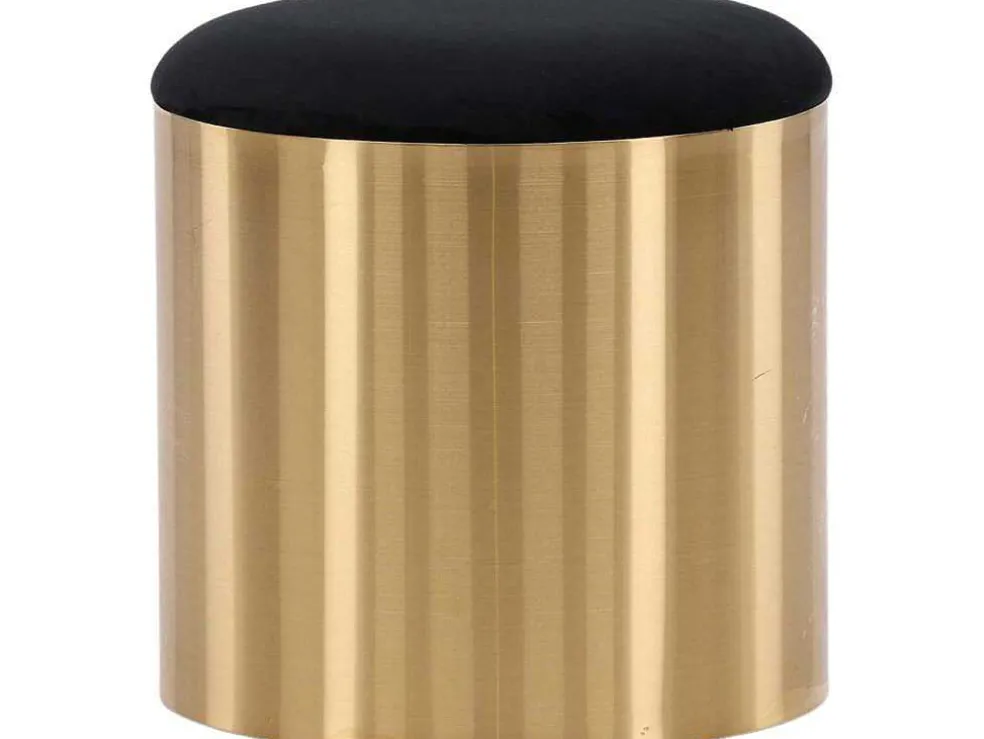 Puff Poef, Hocker O45Cm Velours Zwart, Messing.