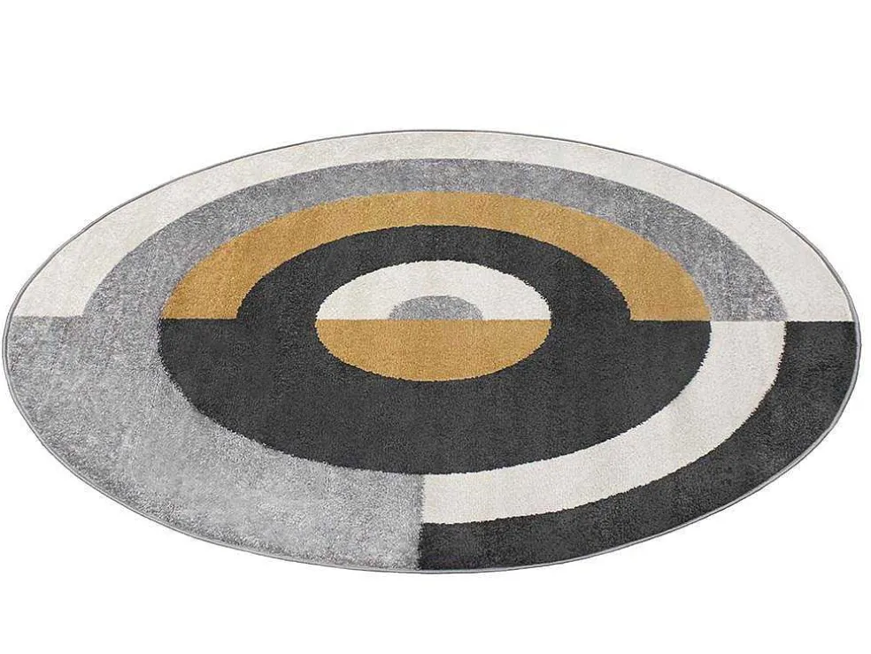 Rond Designtapijt Met Geometrische Motieven Alborg - D. 160 Cm - Grijs En Oker
