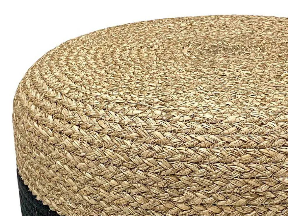 Ronde Poef In Licht En Zwart, Natuurlijk Rotan Salveti