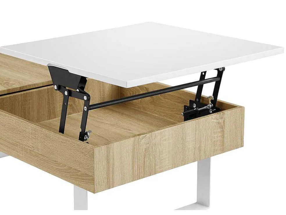 Salontafel Met Afneembaar Tafelblad En 1 Lade - Mdf En Staal - Naturel En Wit - Balun