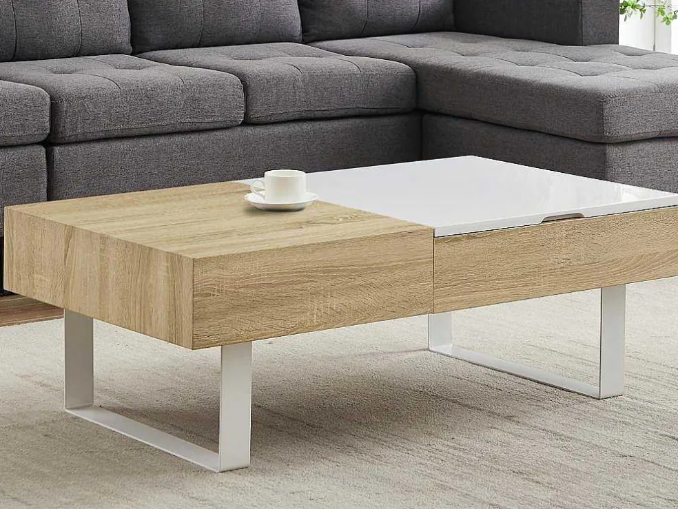 Salontafel Met Afneembaar Tafelblad En 1 Lade - Mdf En Staal - Naturel En Wit - Balun