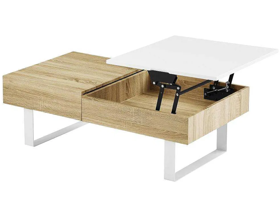 Salontafel Met Afneembaar Tafelblad En 1 Lade - Mdf En Staal - Naturel En Wit - Balun
