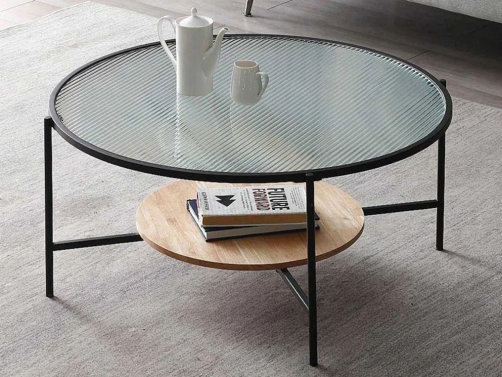 Salontafel Met 1 Plank - Glas, Heveahout En Metaal - Naturel En Zwart - Munita