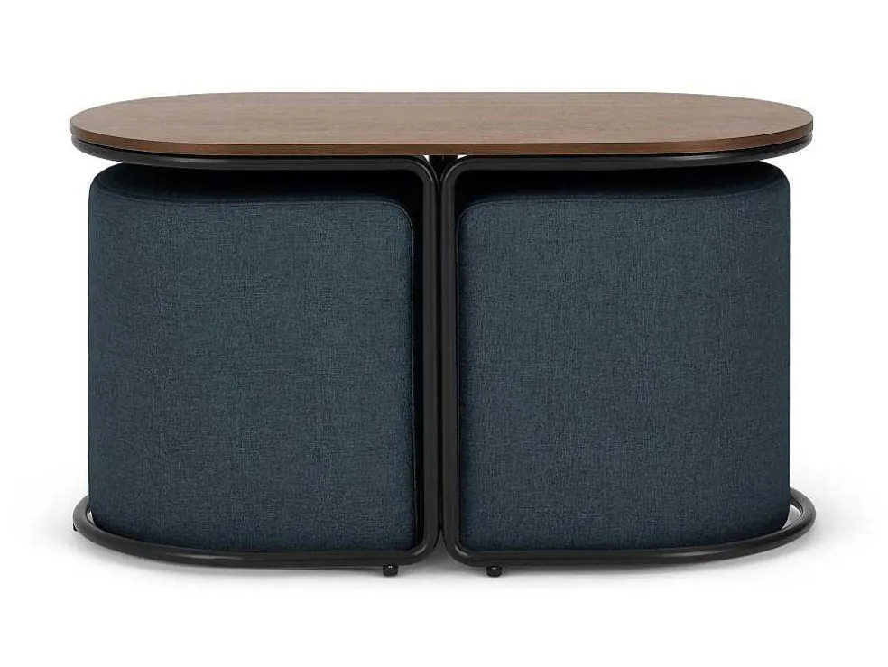 Salontafel + 2 Poefs Van Stof - Naturel En Blauw - Adar