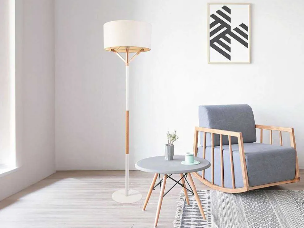 Scandinavische Staande Lamp Van Metaal, Linnen En Hevea - D44 X H164 Cm - Naturel En Wit - Addis