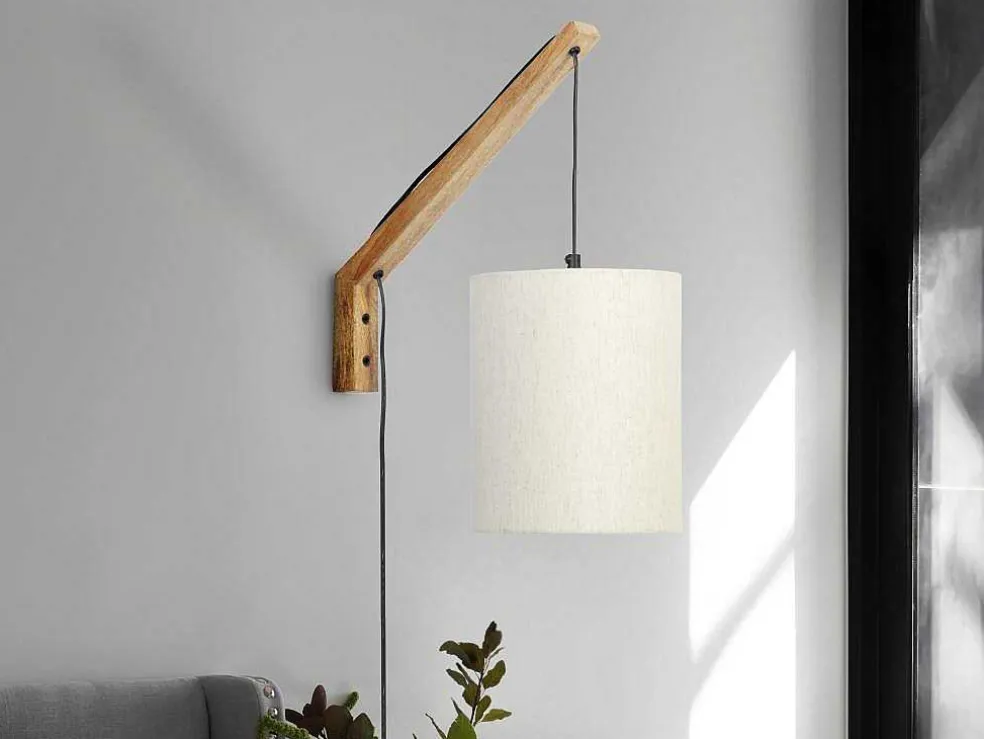 Scandinavische Wandlamp - Mangohout En Stof - D21 X H36 Cm - Licht Naturel En Beige - Paliana
