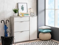 Schoenenkast Arietta - 2 Vlakken, 1 Deur En 1 Lade - Kleur: Wit & Beton