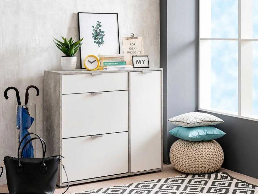 Schoenenkast Arietta - 2 Vlakken, 1 Deur En 1 Lade - Kleur: Wit & Beton