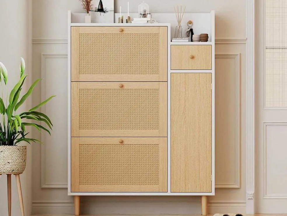 Schoenenkast In Hout En Rotan - 3 Klepdeuren En 1 Lade - Verstelbare Plank - Naturel & Wit