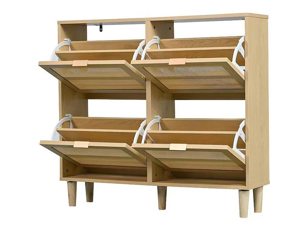 Schoenenkast In Hout En Rotan - 4 Klepdeuren - Naturel