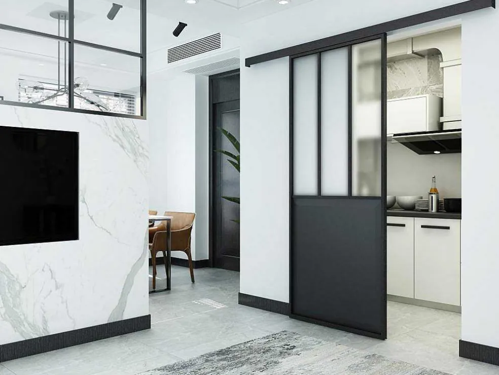 Schuifdeur Werkplaatsstijl - Zwart En Mat Gehard Glas - H205 X B73 Cm - Artisto