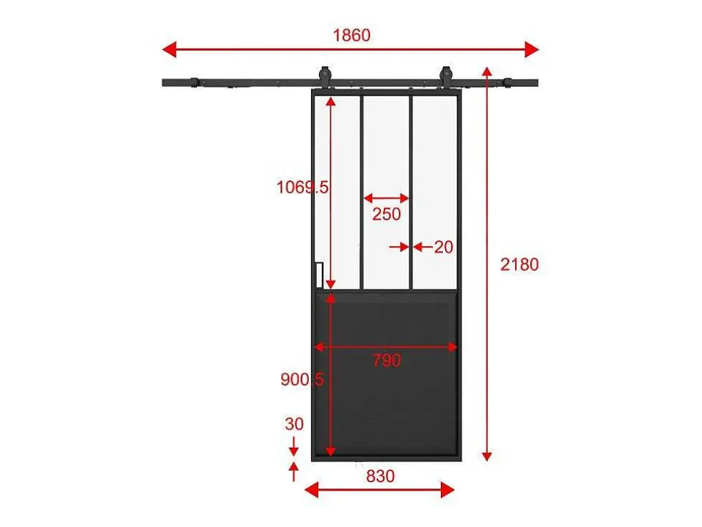 Schuifdeur Werkplaatsstijl Met Rails - Zwart En Mat Gehard Glas - H205 Cm X B83 Cm - Artisto Ii