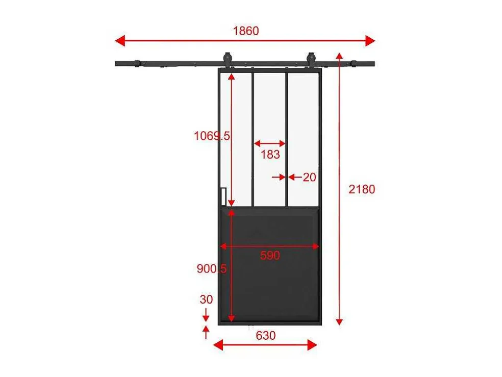 Schuifdeur Werkplaatsstijl Met Rails - Zwart En Mat Gehard Glas - H205 Cm X L63 Cm - Artisto Ii