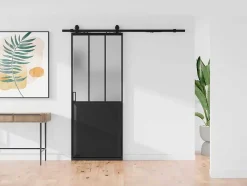 Schuifdeur Werkplaatsstijl Met Rails - Zwart En Mat Gehard Glas - H205 Cm X L93 Cm - Artisto Ii