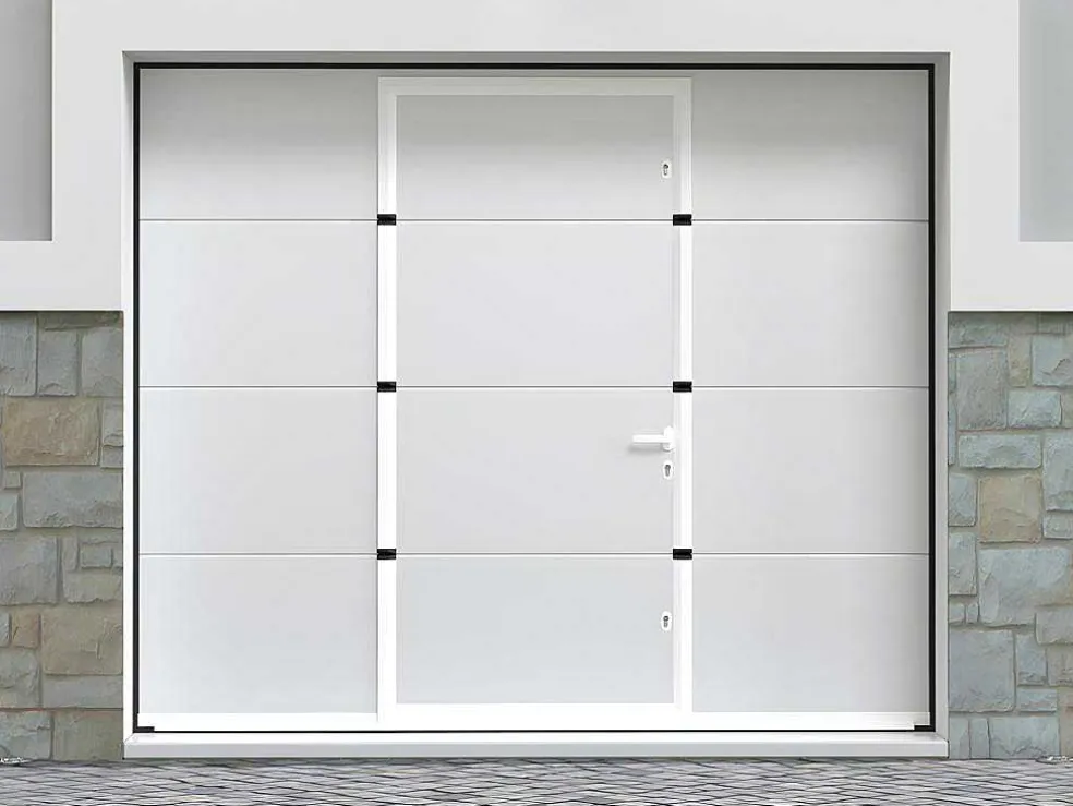 Sectionale Garagedeur Met Glad Effect En Centrale Witte Loopdeur Met Motor - Lavega