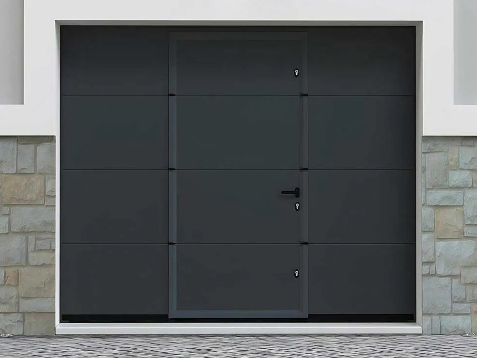 Sectionale Garagedeur Met Glad Effect En Centrale Loopdeur In Antraciet Met Somfy Motor - Lavega