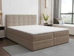 Set Bed Met Hoofdbord Met Capitons + Bedbodem Met Opbergruimte + Matras+ Dekmatras- 180 X 200 Cm - Stof - Taupegrijs - Kida Van Ysmee