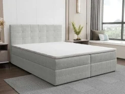 Set Bed Met Hoofdbord Met Capitons + Bedbodem Met Opbergruimte + Matras+ Dekmatras - 160 X 200 Cm - Stof - Lichtgrijs - Kida Van Ysmee