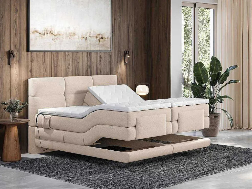 Set Boxspringbed Met Hoofdbord Met Capitons + Elektrische Relaxbedbodems + Matras + Dekmatras - 2 X 90 X 200 Cm - Beige - Lodi Van Palacio