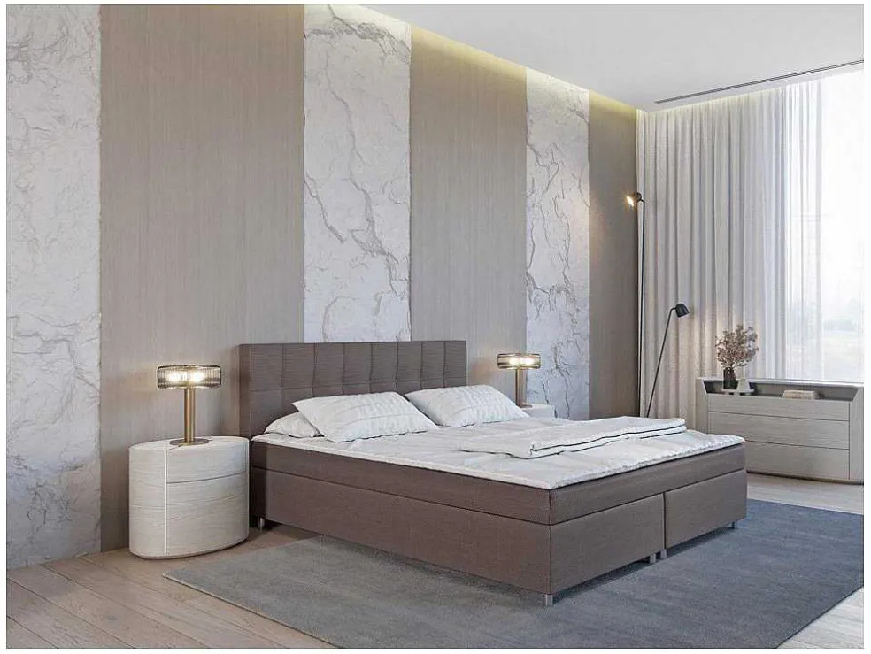Set Boxspring En Matras Met Hoofdeinde + Lattenbodem + Matras + Dekmatras Siero Van Ysmee - 160 X 200 Cm - Stof - Grijs