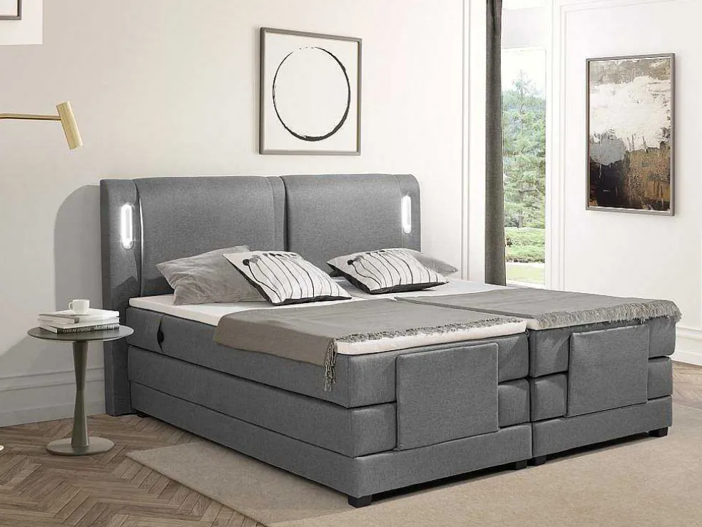 Set Boxspring + Hoofdbord Met Ledlampjes + Elektrische Relaxbedbodems + Matras + Topmatras - 2 X 80 X 200 Cm - Grijze Stof - Astemi Van Palacio