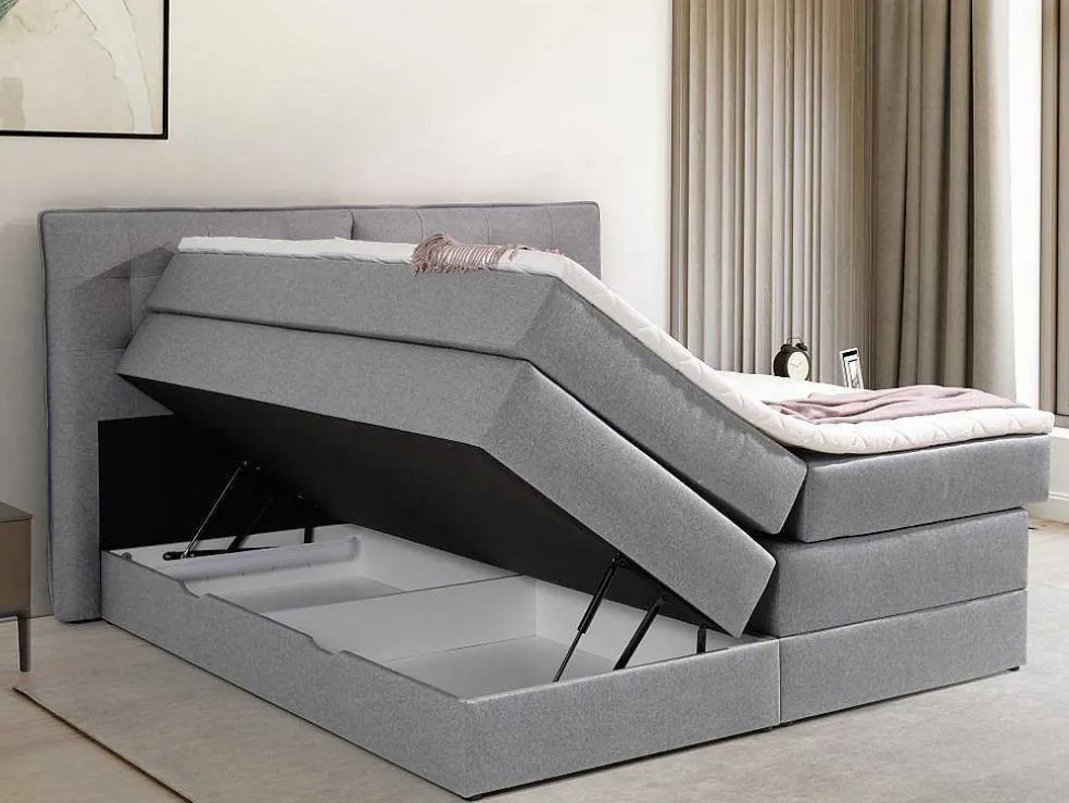 Set Boxspring Met Hoofdbord + Bedbodems Met Opbergruimte + Matras + Dekmatras - 160 X 200 Cm - Lichtgrijze Stof - Perama Van Palacio