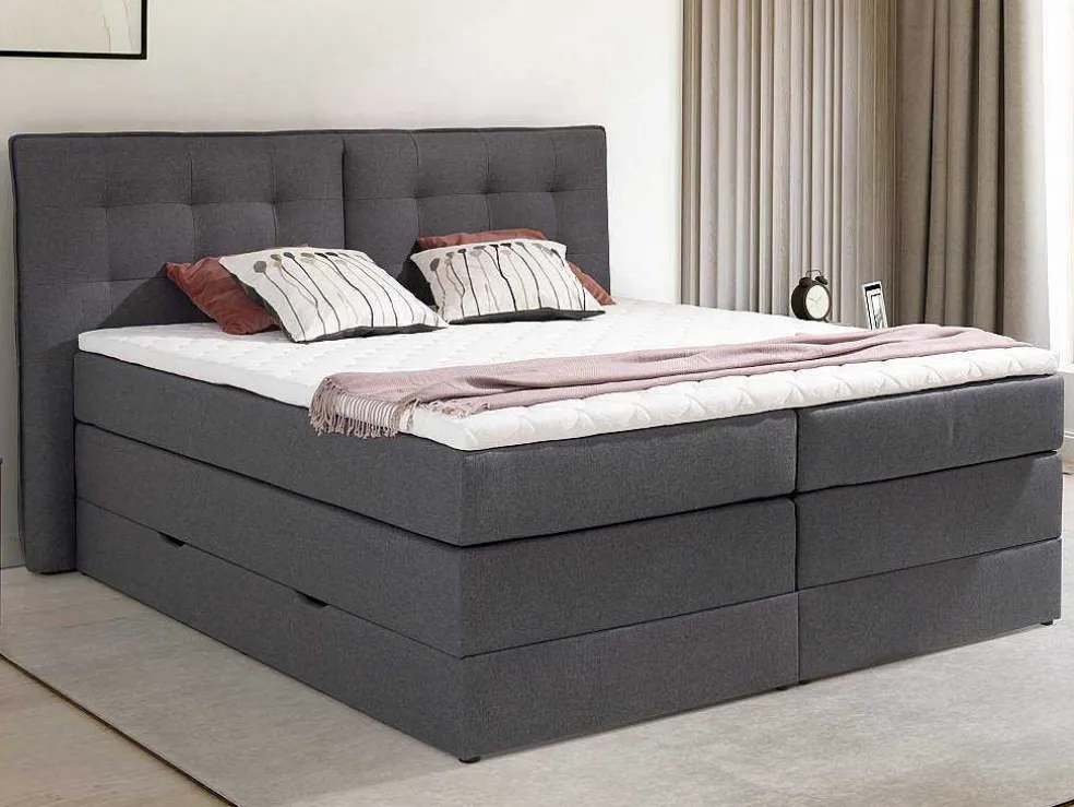 Set Boxspring Met Hoofdbord + Bedbodems Met Opbergruimte + Matras + Dekmatras - 160 X 200 Cm - Antracietkleurige Stof - Perama Van Palacio