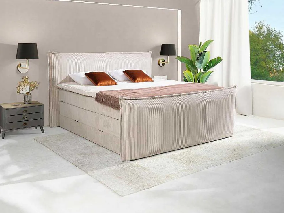 Set Boxspring Met Hoofdeinde + Bedbodems Met Opbergruimte + Matras + Dekmatras - 2 X 80 X 200 Cm - Ivoorwit Ribfluweel - Rhoda Van Palacio