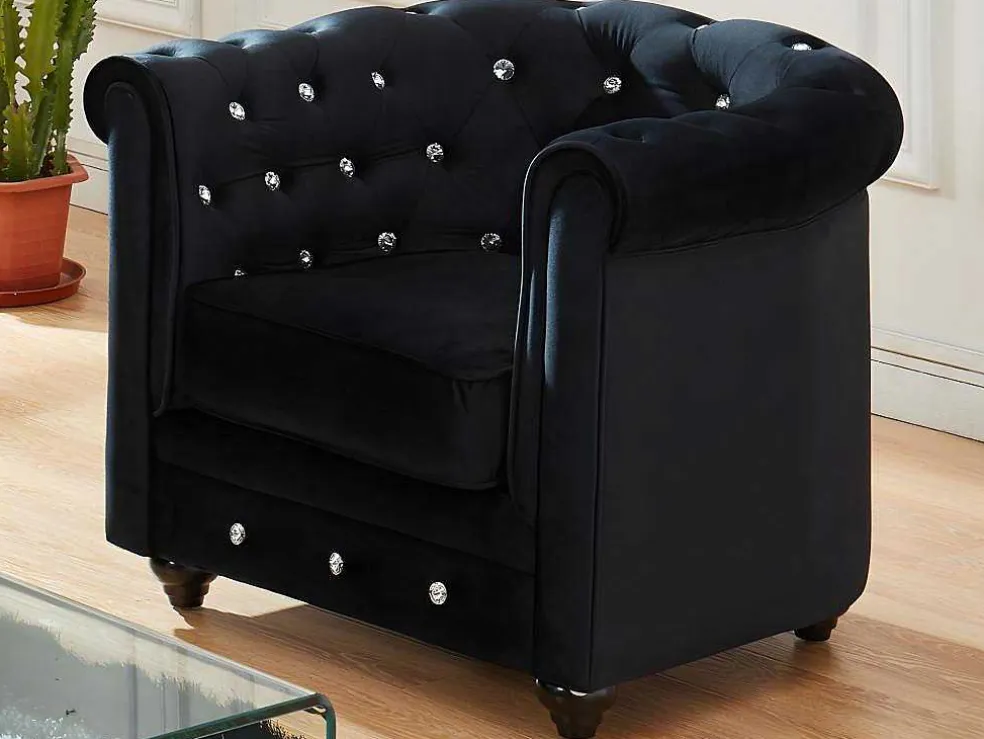 Set Van 2 Fauteuils Chesterfield - Fluweel - Zwart Met Kristallen Knopen