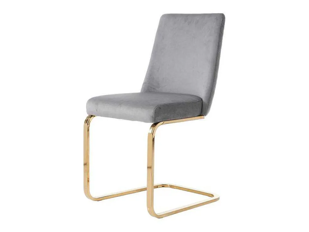 Set Van 4 Fluwelen Sledestoelen - Rugleuning Ruitpatroon - Onderstel Goudkleurig Metaal - Grijs
