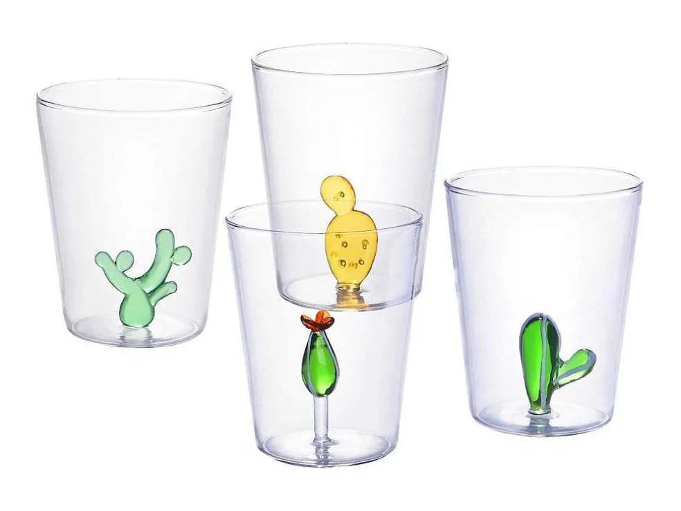 Set Van 4 Glazen Met Cactus - Transparant En Groen - O8 X H10 Cm - Puntia