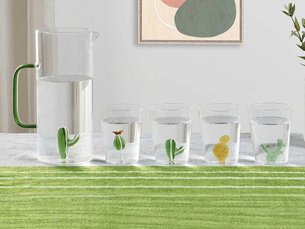 Set Van 4 Glazen Met Cactus - Transparant En Groen - O8 X H10 Cm - Puntia