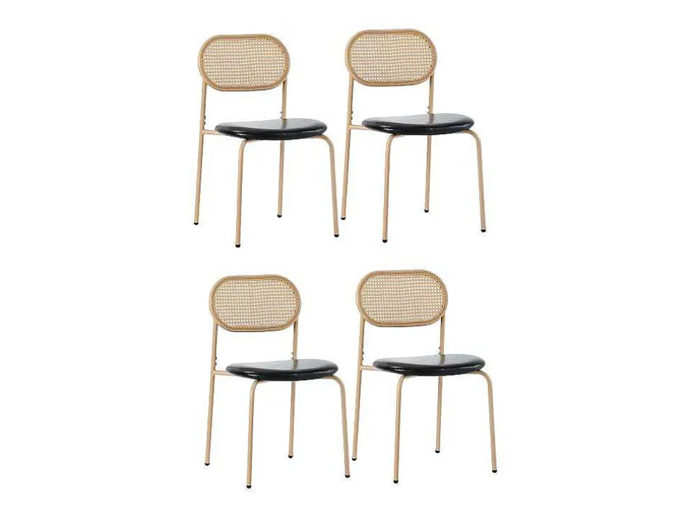 Set Van 4 Kunstleer En Rotan Stoelen - Metalen Poten - Zwart