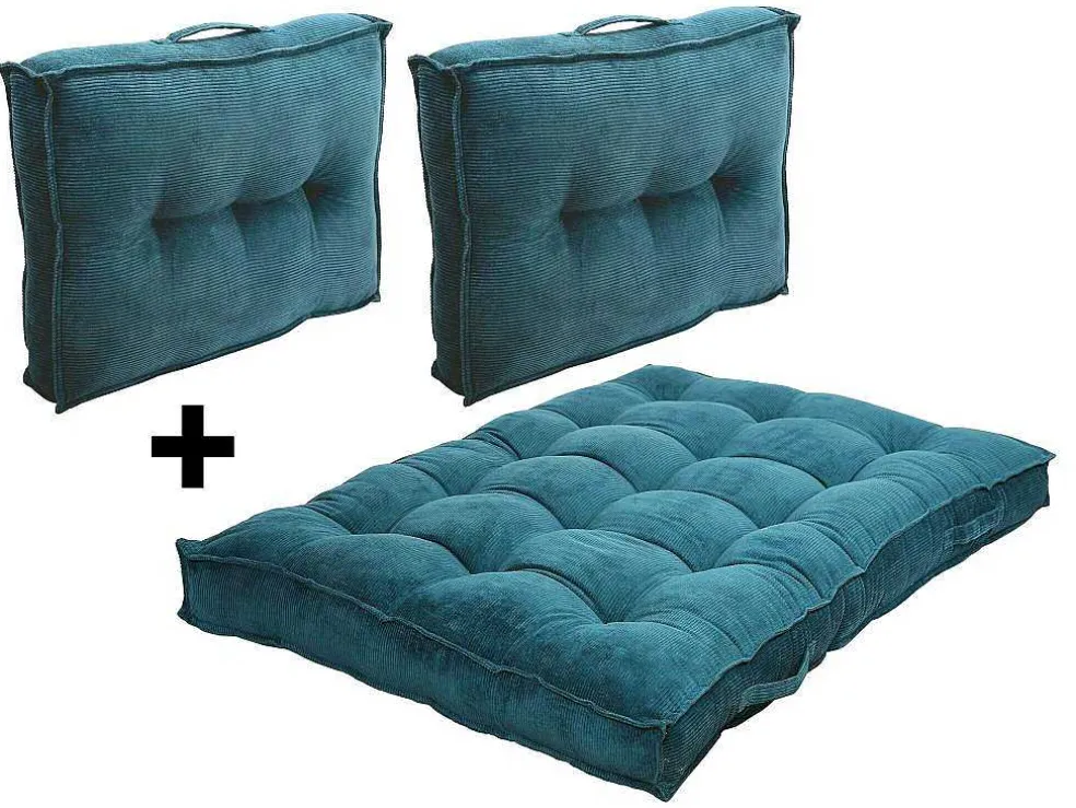 Set Van 1 Matras + 2 Palletkussens Van Ribfluweel - Blauw - Baila