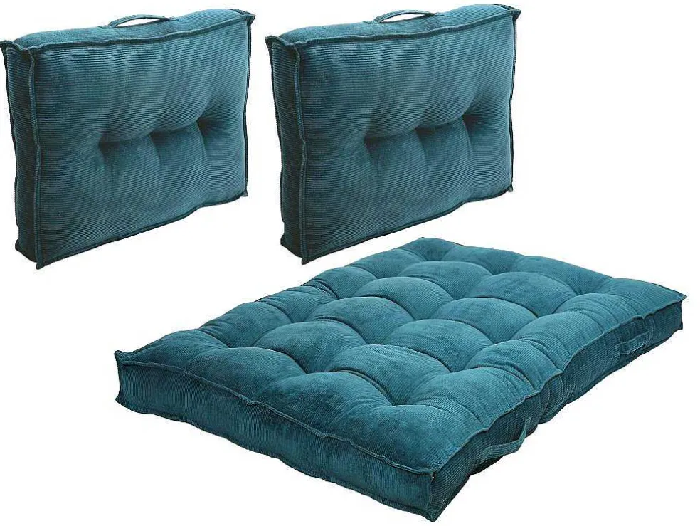 Set Van 1 Matras + 2 Palletkussens Van Ribfluweel - Blauw - Baila