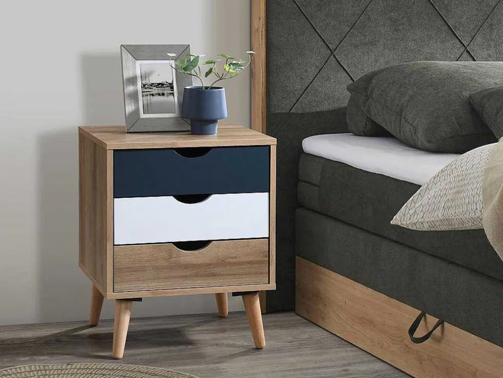 Set Van 2 Nachtkastjes 3 Lades - Kleur: Naturel, Wit En Marineblauw - Lurvia