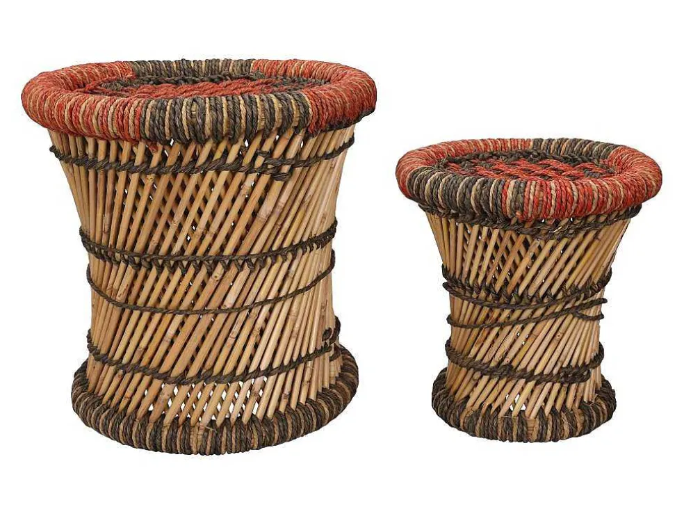 Set Van 2 Ronde Poefs Van Licht Naturelkleurig En Rood Rotan Mirtaka