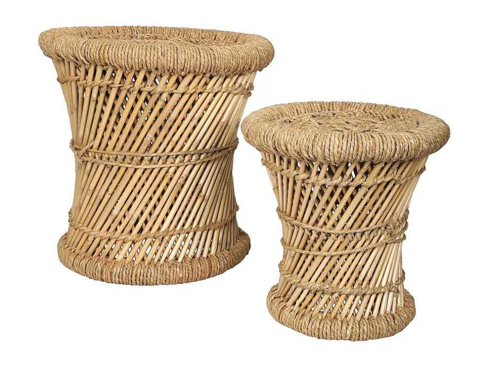 Set Van 2 Ronde Poefs Van Licht Naturelkleurig Rotan Mirtaka
