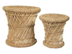 Set Van 2 Ronde Poefs Van Licht Naturelkleurig Rotan Mirtaka