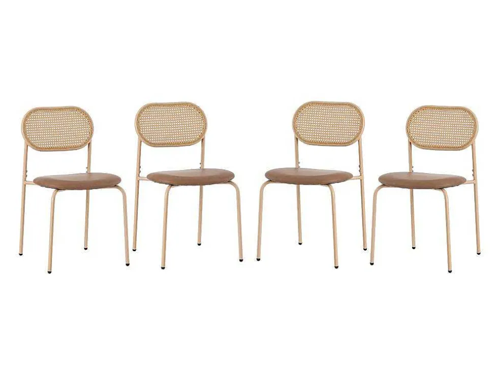 Set Van 4 Stoelen Van Kunstleer En Rotan - Metalen Poten - Bruin