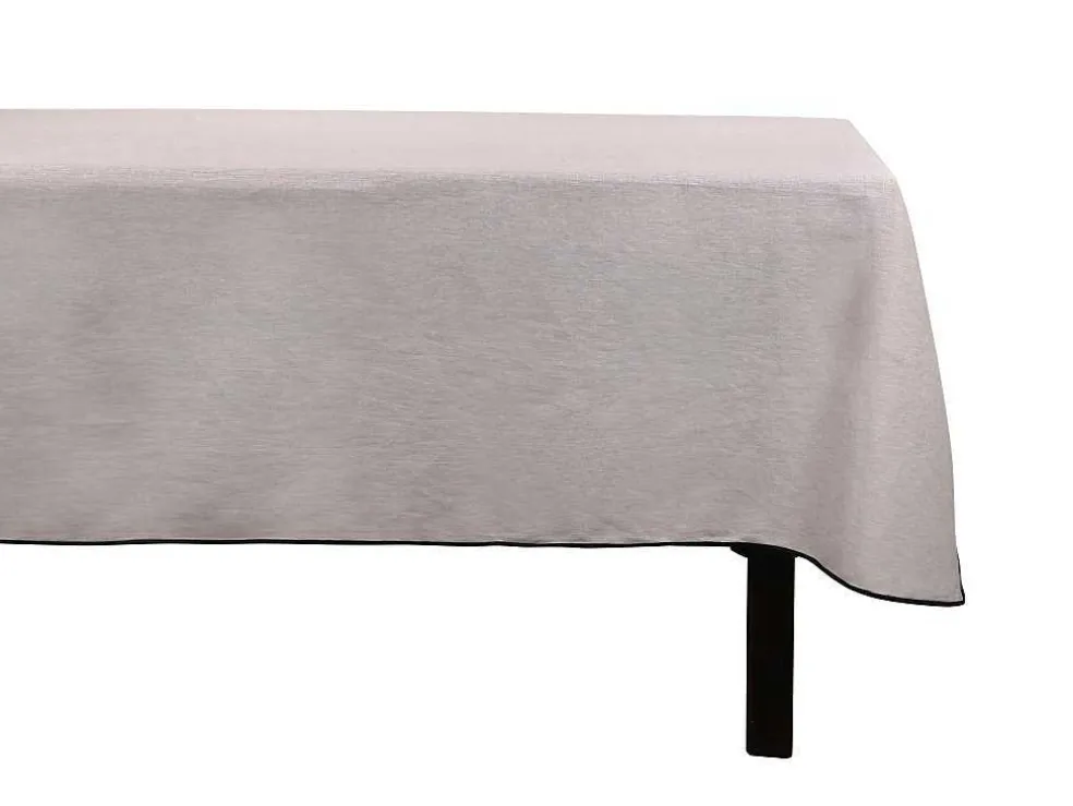 Set Van Tafellaken + 4 Servetten Van Linnen En Katoen - Zwarte Rand - Taupegrijs - 170 X 170 Cm - Borina