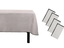 Set Van Tafellaken + 4 Servetten Van Linnen En Katoen - Zwarte Rand - Taupegrijs - 170 X 300 Cm - Borina