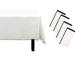 Set Van Tafellaken + 4 Servetten Van Linnen En Katoen - Zwarte Rand - Wit- 170 X 170 Cm - Borina