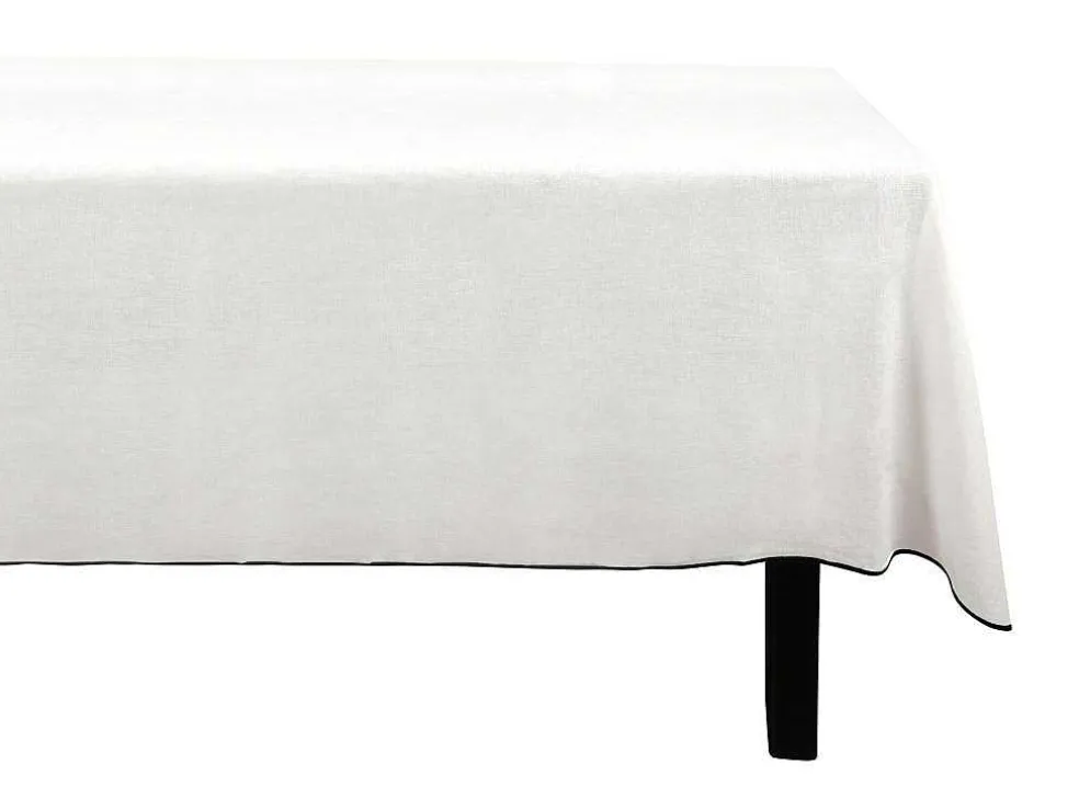 Set Van Tafellaken + 4 Servetten Van Linnen En Katoen - Zwarte Rand - Wit- 170 X 170 Cm - Borina