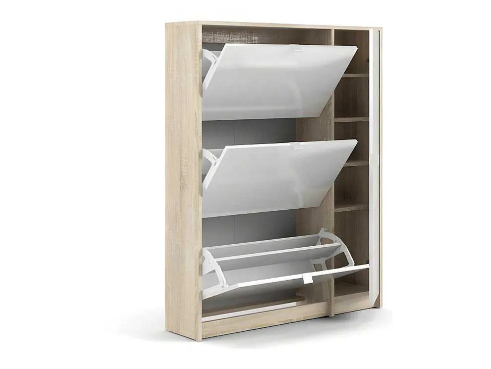 Shane Schoenenkast 3 Klapdeuren 2R, 1 Deur Eikenstructuur Decor, Wit Hoogglans.
