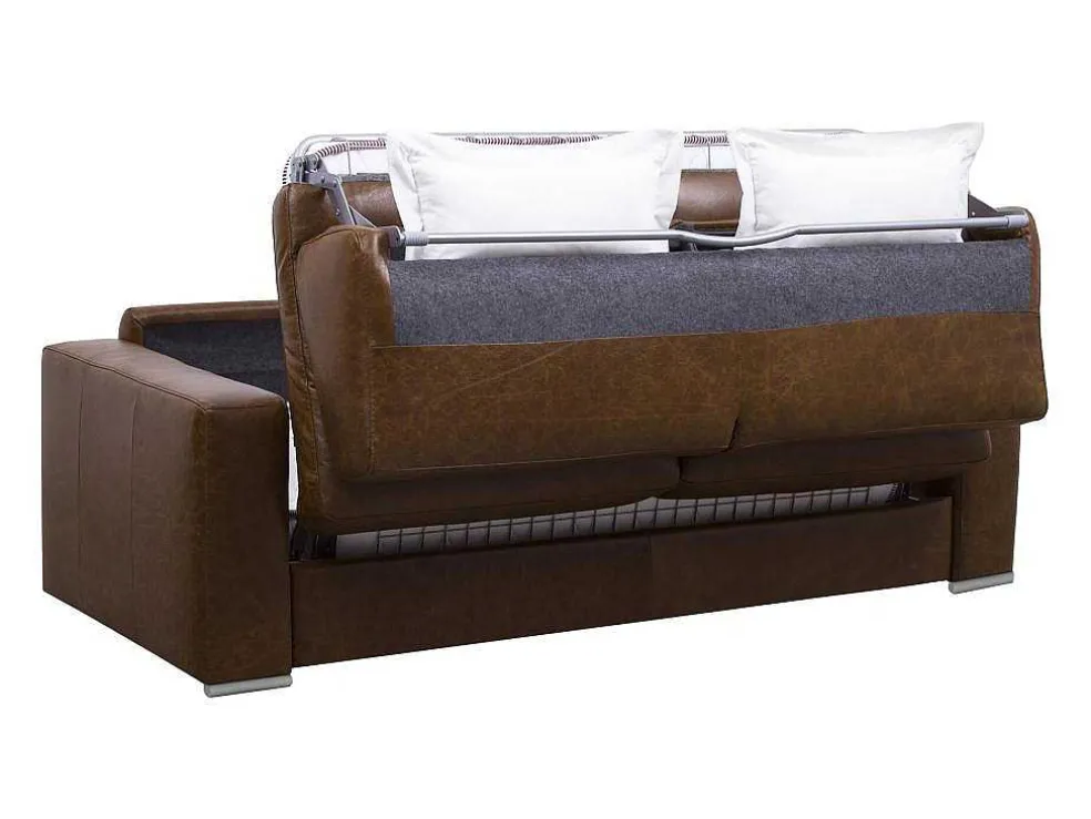 Snel Omgebouwde Slaapbank Met 3 Zitplaatsen In 100% Vintage Karamel Buffelleer En Een Matras Van 18 Cm Delectea Ii