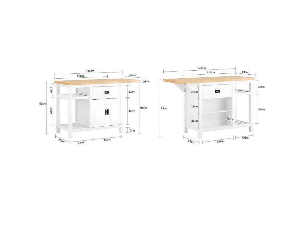 Sobuy Centraal Keukeneiland Met Uitschuifbaar Werkblad Van Rubberhout, 2 Deuren, 2 Lades En Opbergruimte, Opbergkast, Keukenkast, 110/145 X 60 X 95 Cm, Knl06-Wn